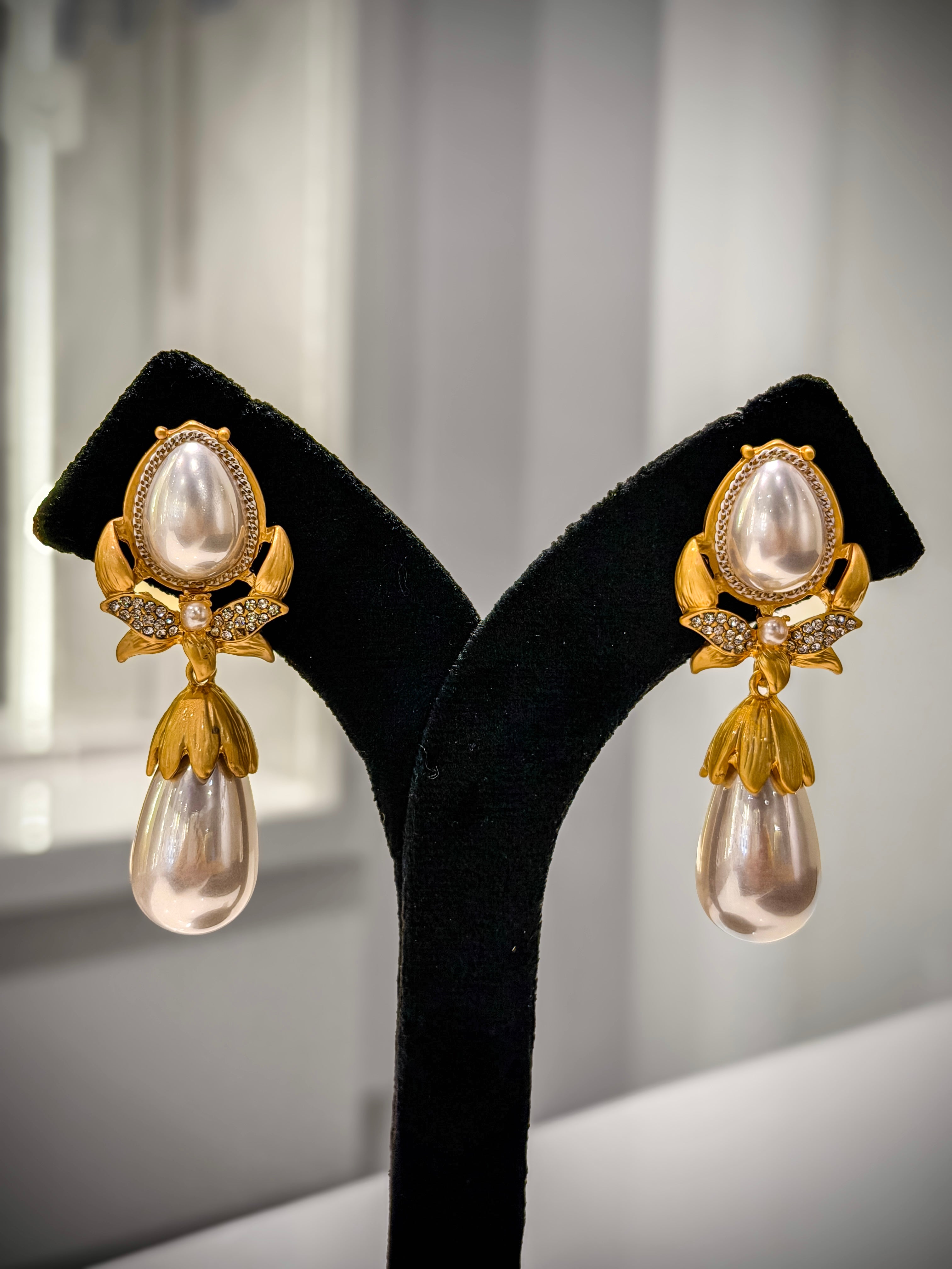 Gold Pearl CZ Dangler Earrings Set