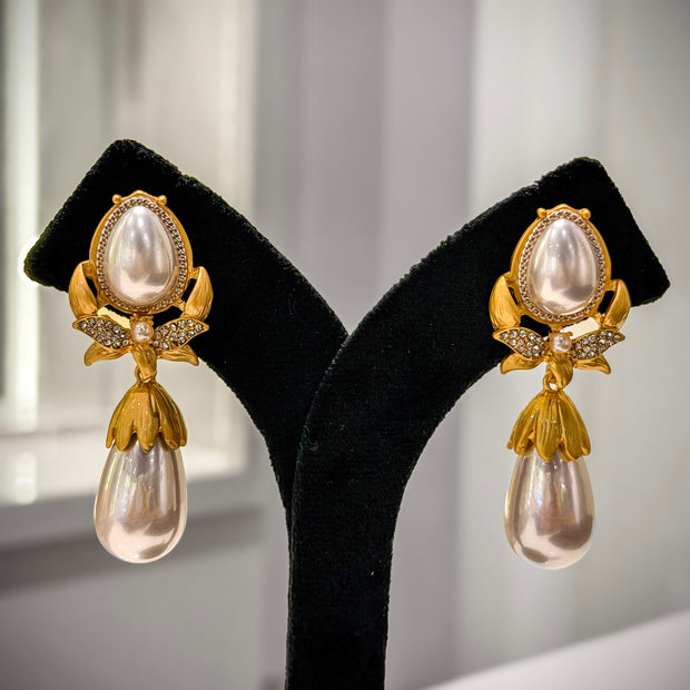 Gold Pearl CZ Dangler Earrings Set