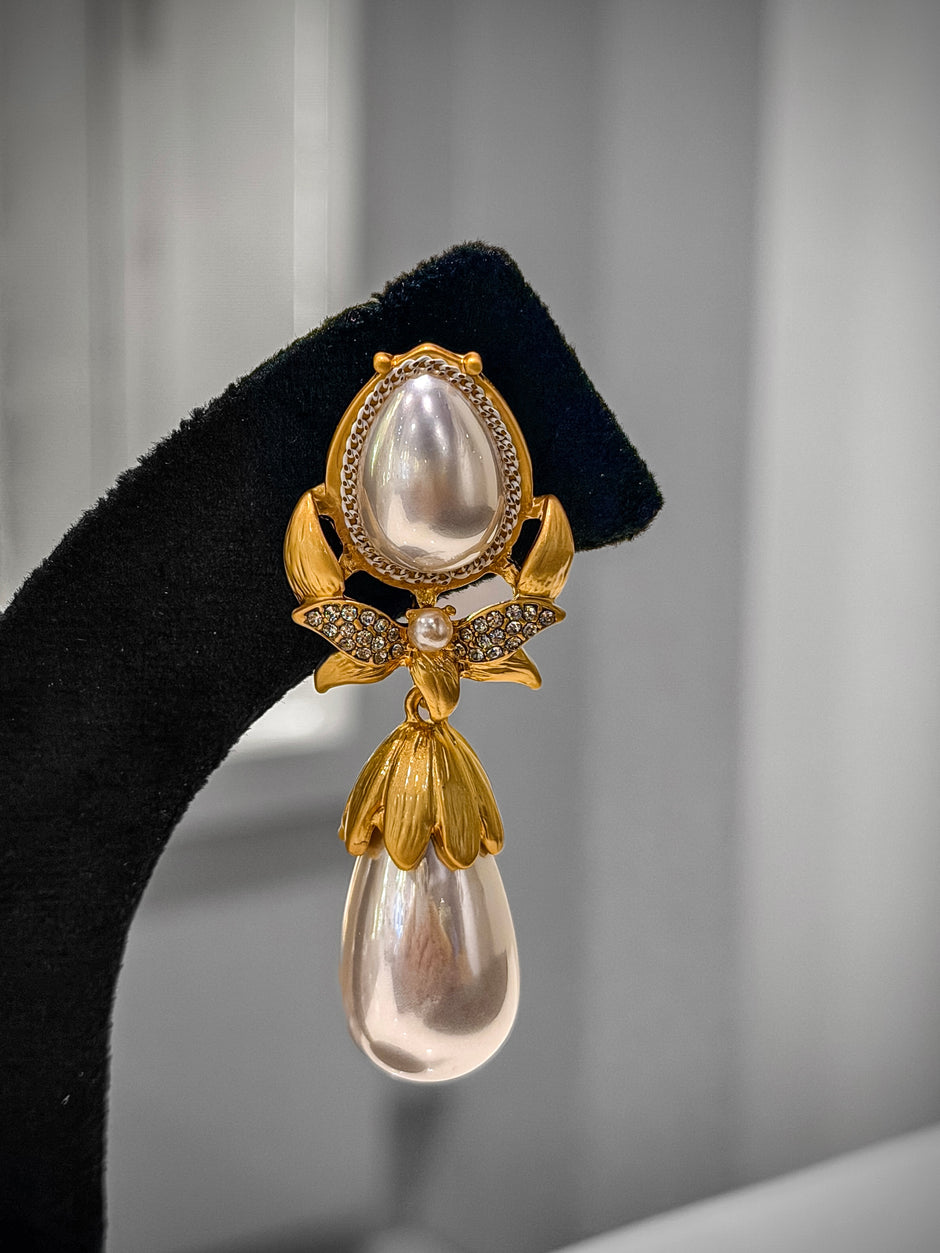 Gold Pearl CZ Dangler Earrings Set
