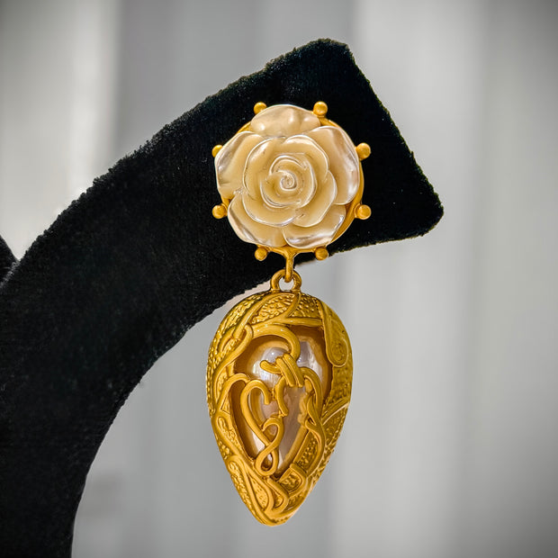 Gold Rose Studs Dangle Earrings Set