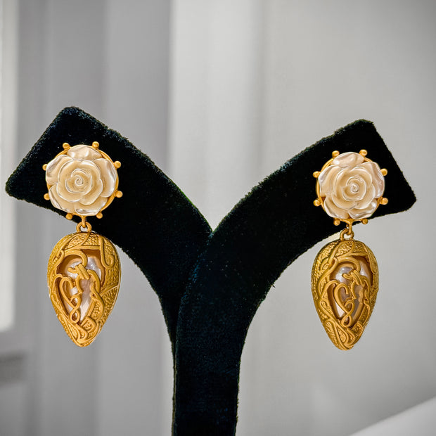 Gold Rose Studs Dangle Earrings Set