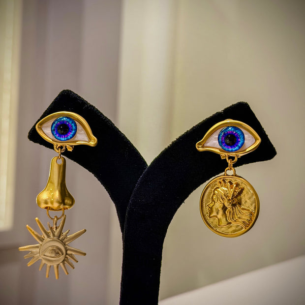 Gold Evil Eye Charm Dangle Earrings Set