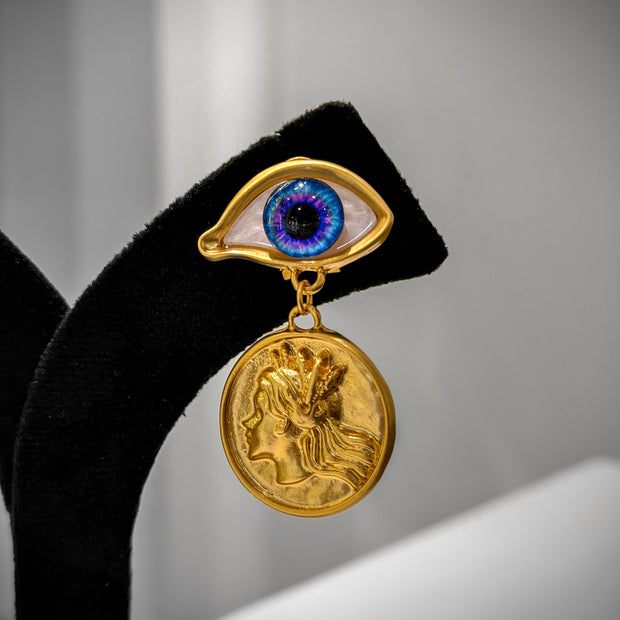 Gold Evil Eye Charm Dangle Earrings Set