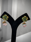 Gold Green Floral Studs Crystal Drop Earrings Set
