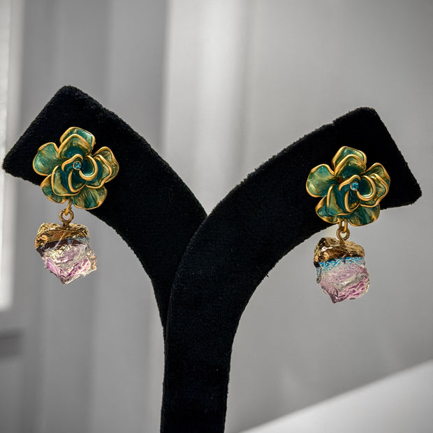 Gold Green Floral Studs Crystal Drop Earrings Set