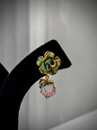 Gold Green Floral Studs Crystal Drop Earrings Set