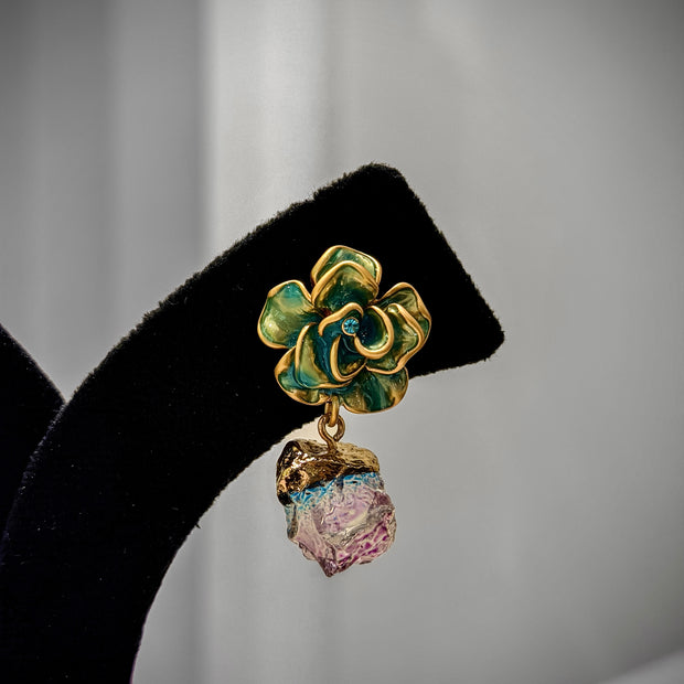 Gold Green Floral Studs Crystal Drop Earrings Set