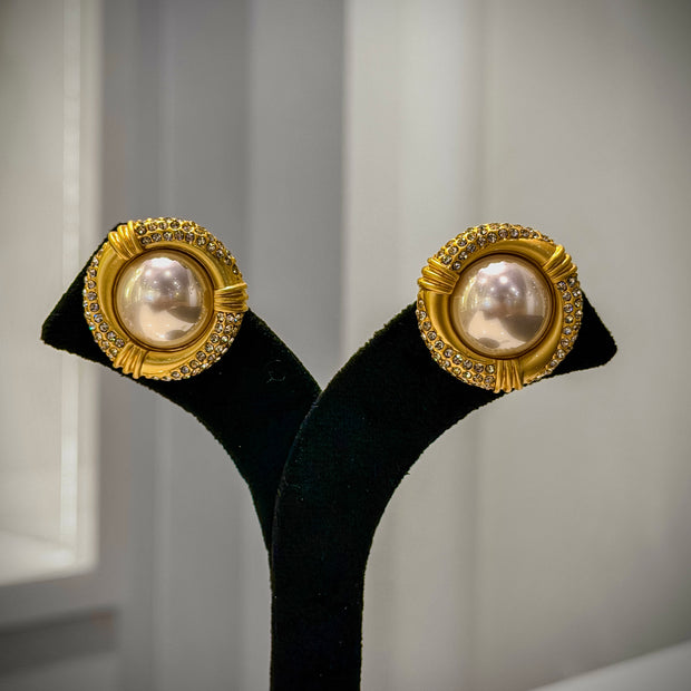 Gold Vintage Pearl CZ Studs Earrings Set