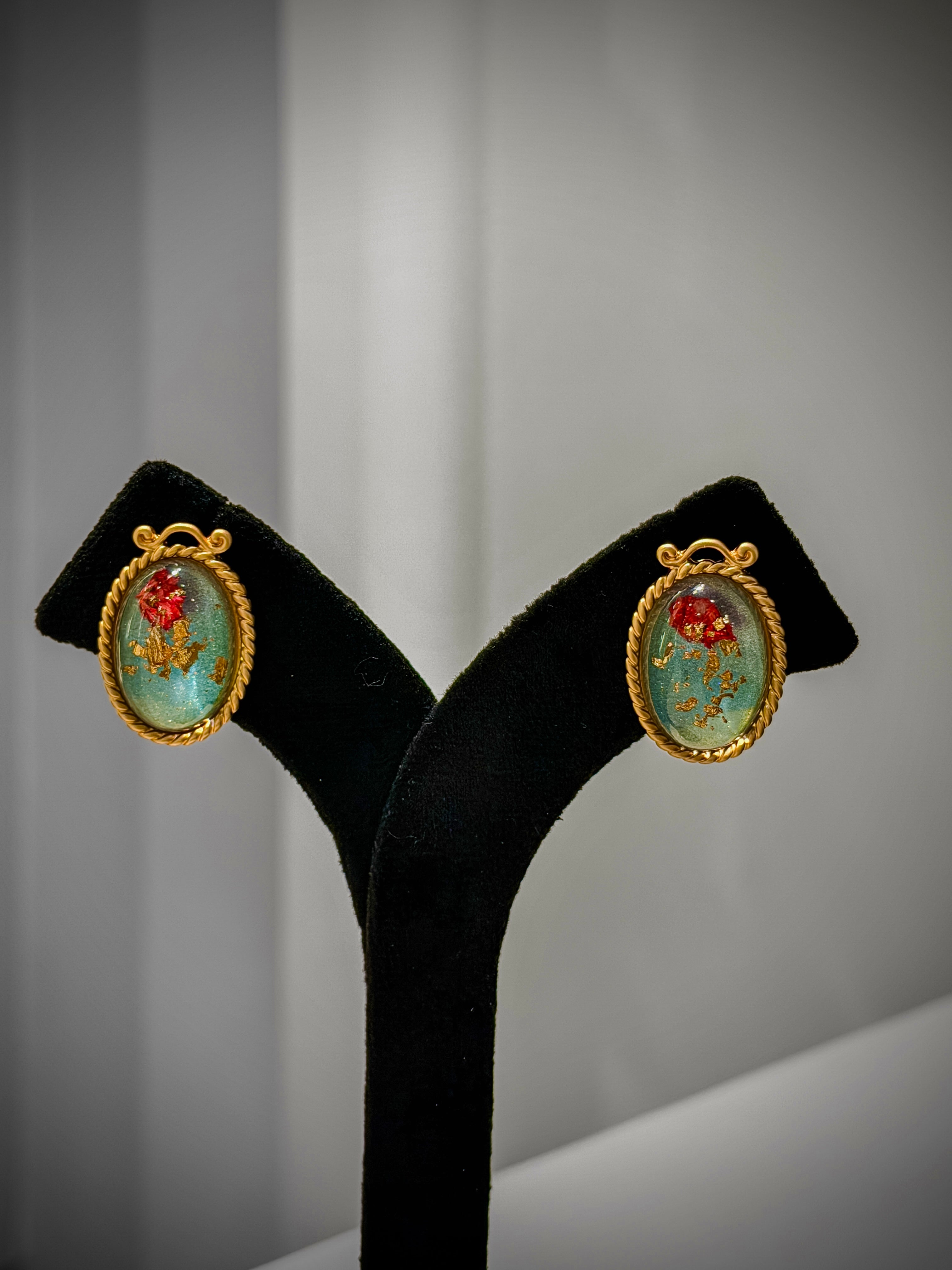 Gold Red & Green Floral Oval Studs Earrings Set