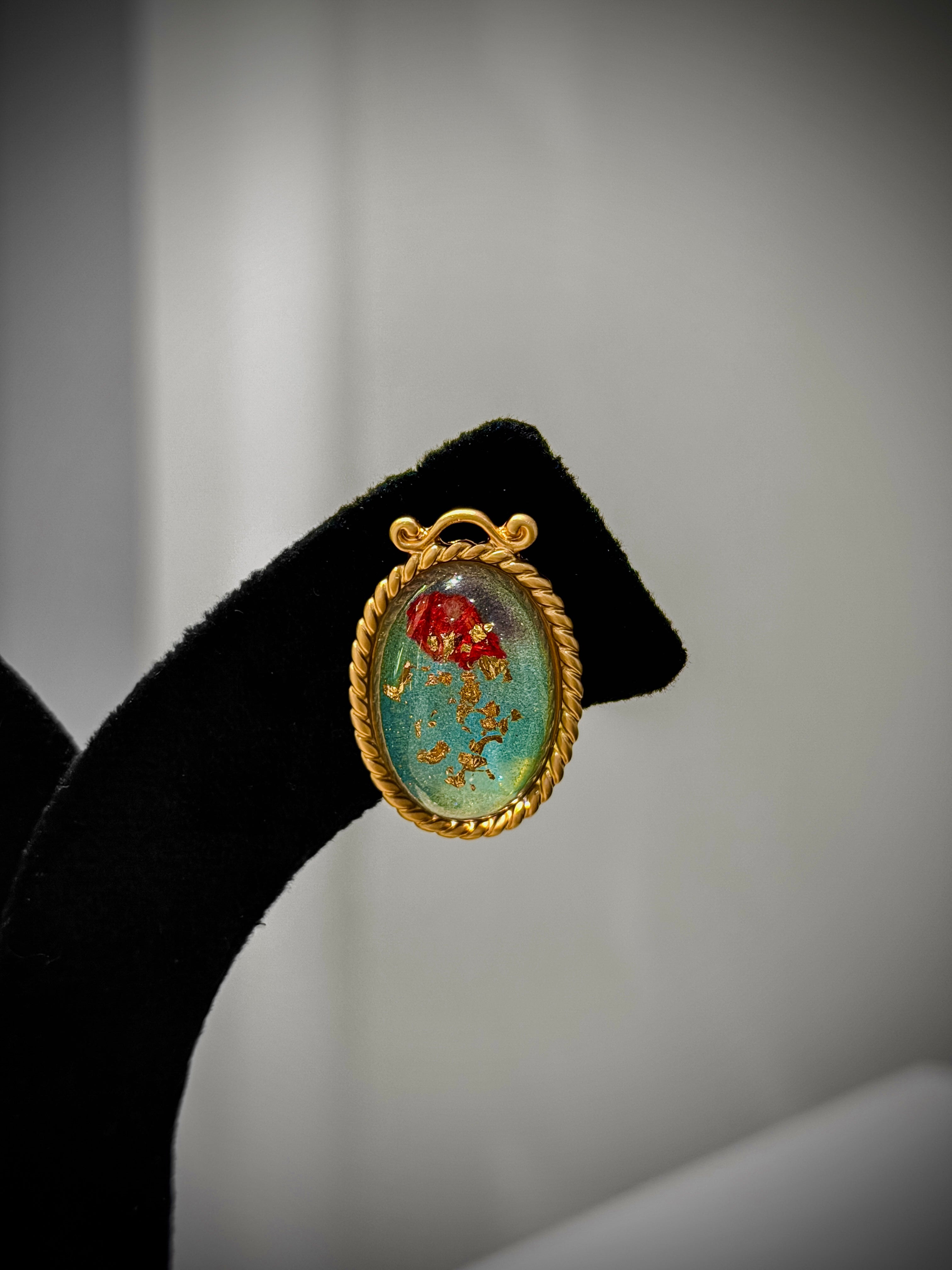 Gold Red & Green Floral Oval Studs Earrings Set