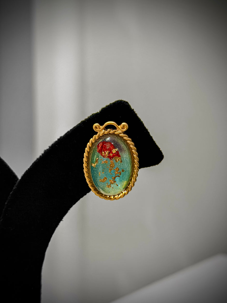 Gold Red & Green Floral Oval Studs Earrings Set