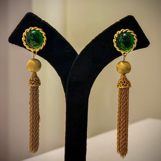 Gold Emerald Stone Gold Tassel Earrings Set