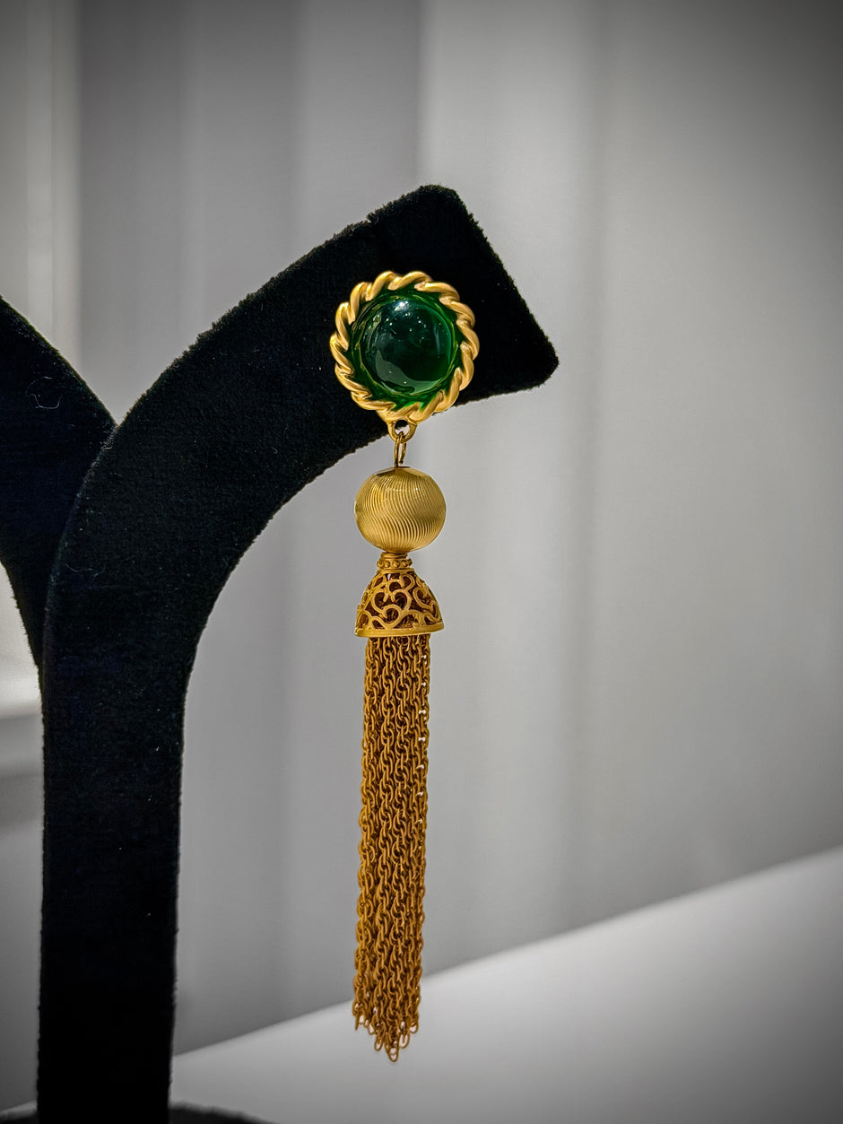 Gold Emerald Stone Gold Tassel Earrings Set