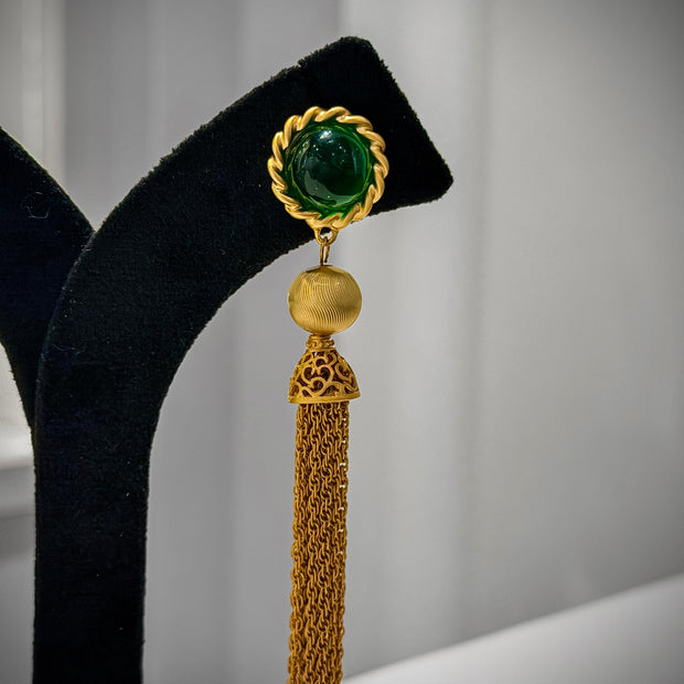 Gold Emerald Stone Gold Tassel Earrings Set