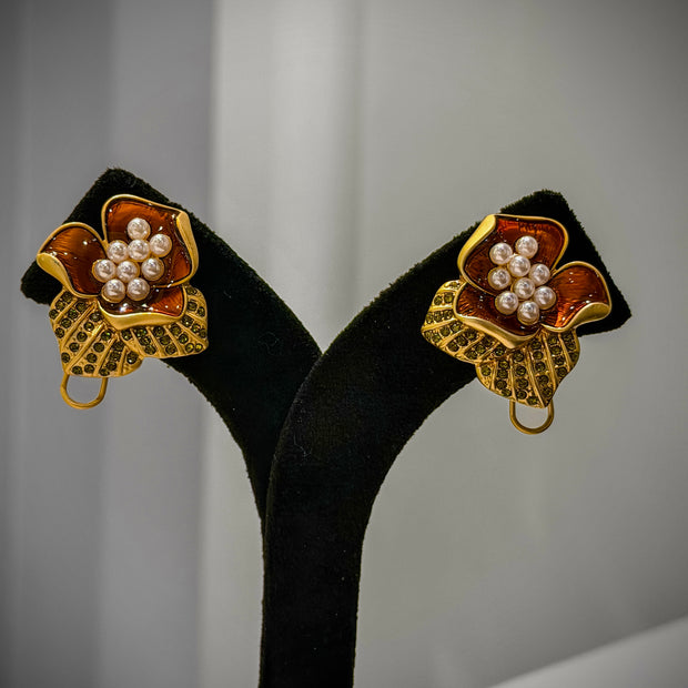 Gold Floral Pearl CZ Stud Earrings Set