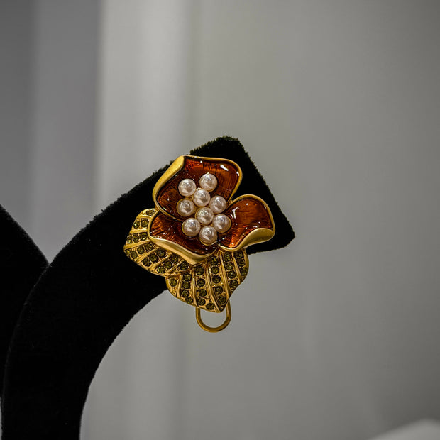 Gold Floral Pearl CZ Stud Earrings Set
