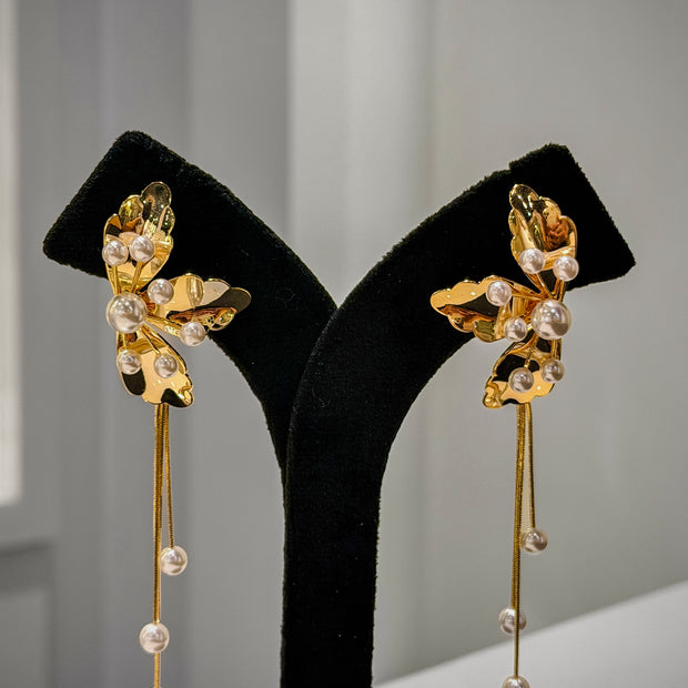 Gold Floral Pearl Spray Earrings Set