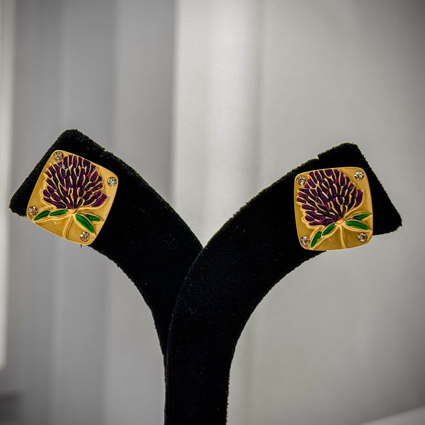 Gold Purple Floral Stud Earrings Set
