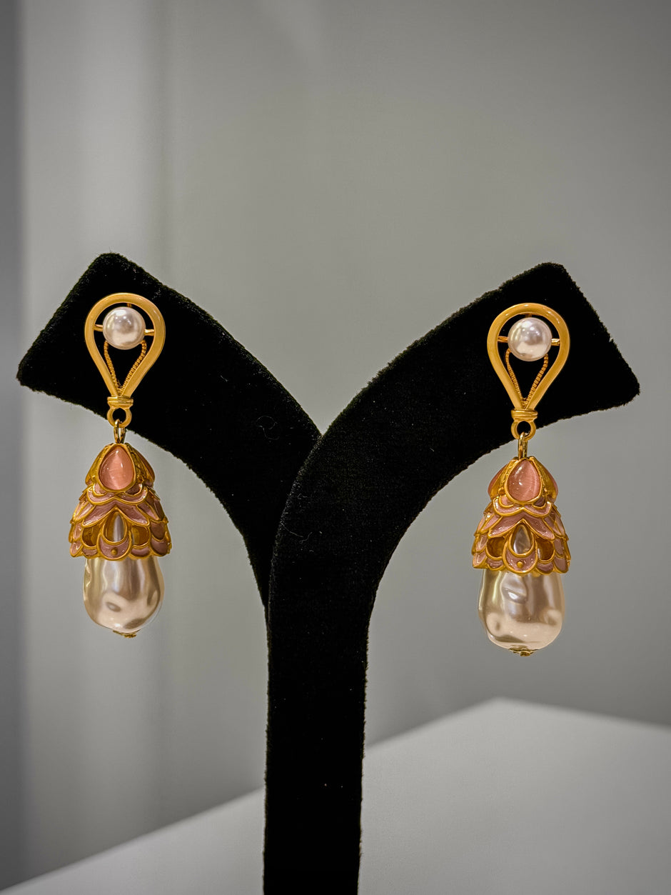 Gold Pink Enamel Pearl Earrings Set