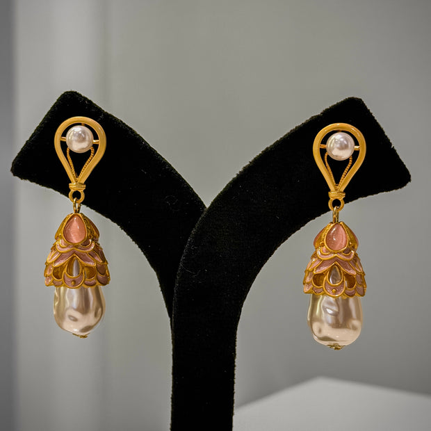 Gold Pink Enamel Pearl Earrings Set