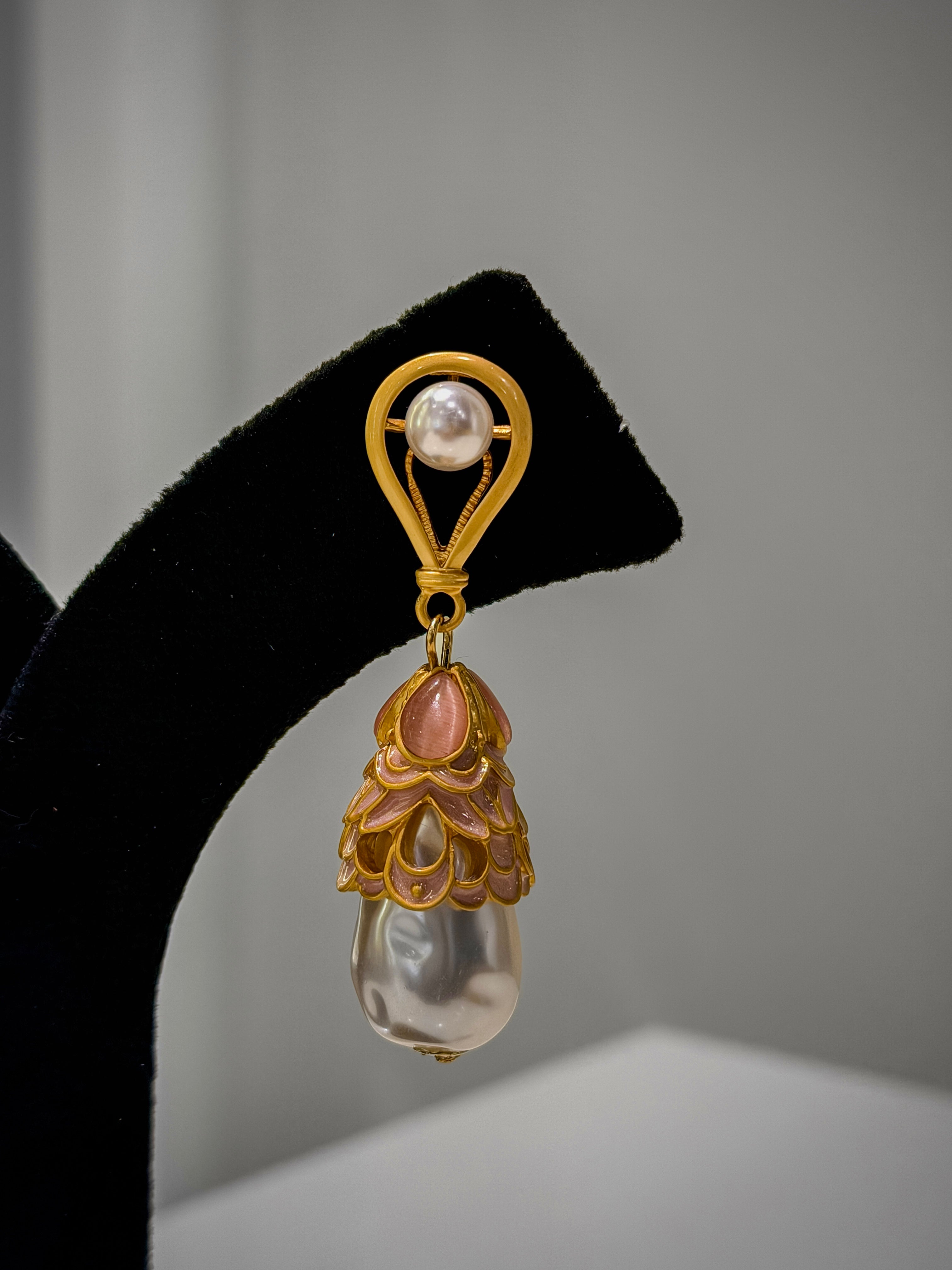 Gold Pink Enamel Pearl Earrings Set