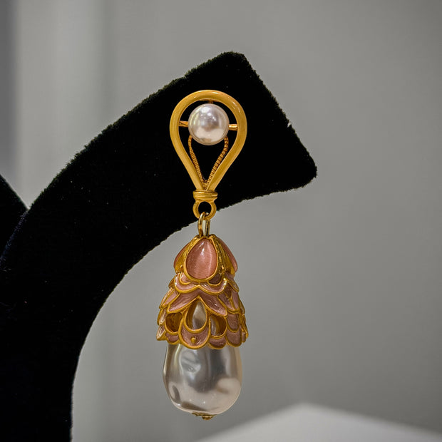 Gold Pink Enamel Pearl Earrings Set