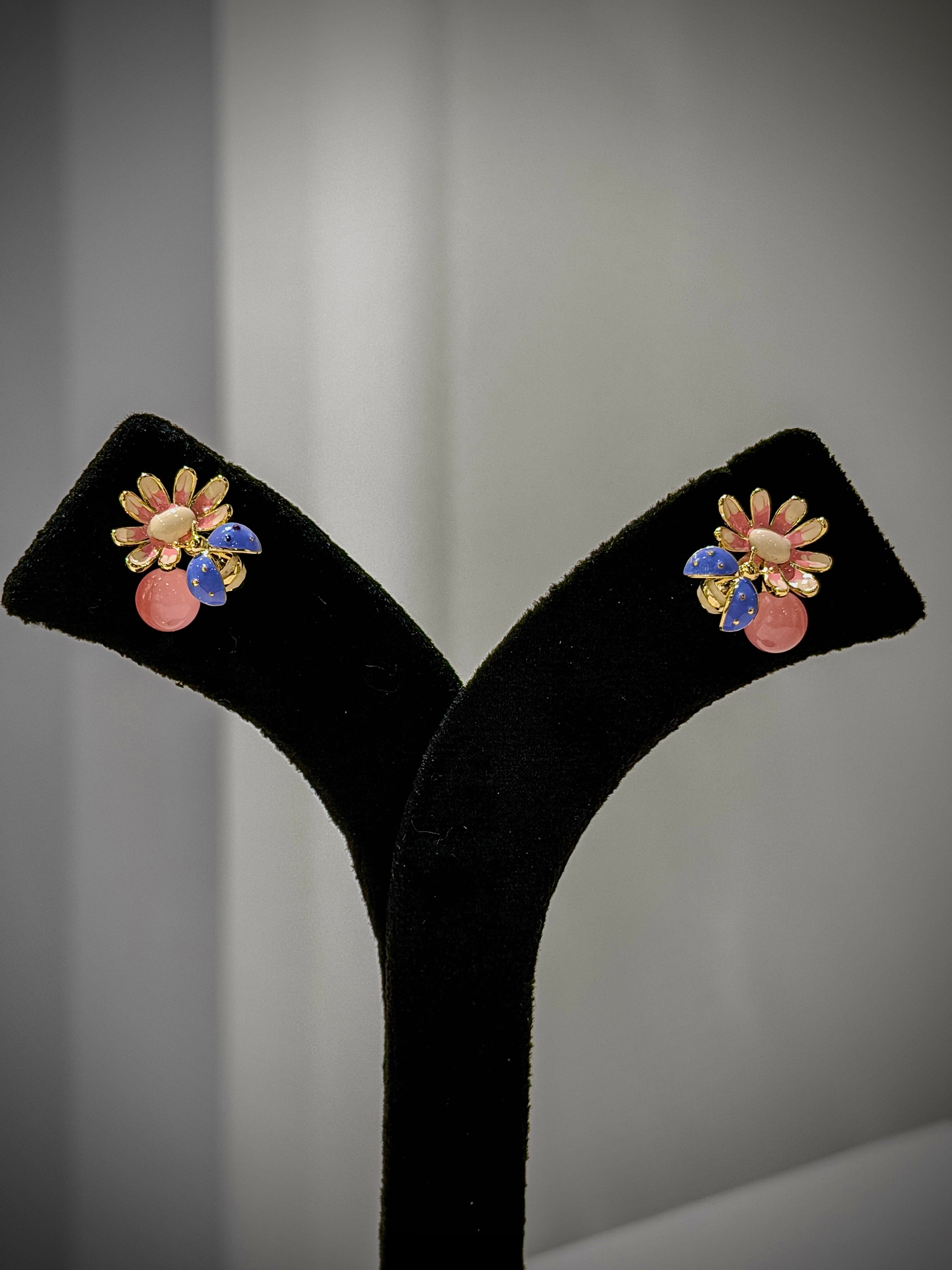 Gold Enamel Floral Earrings Set