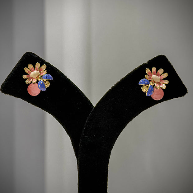 Gold Enamel Floral Earrings Set