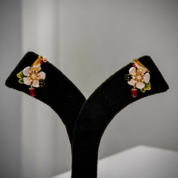 Gold Blossom Bird Charm Stud Earrings Set