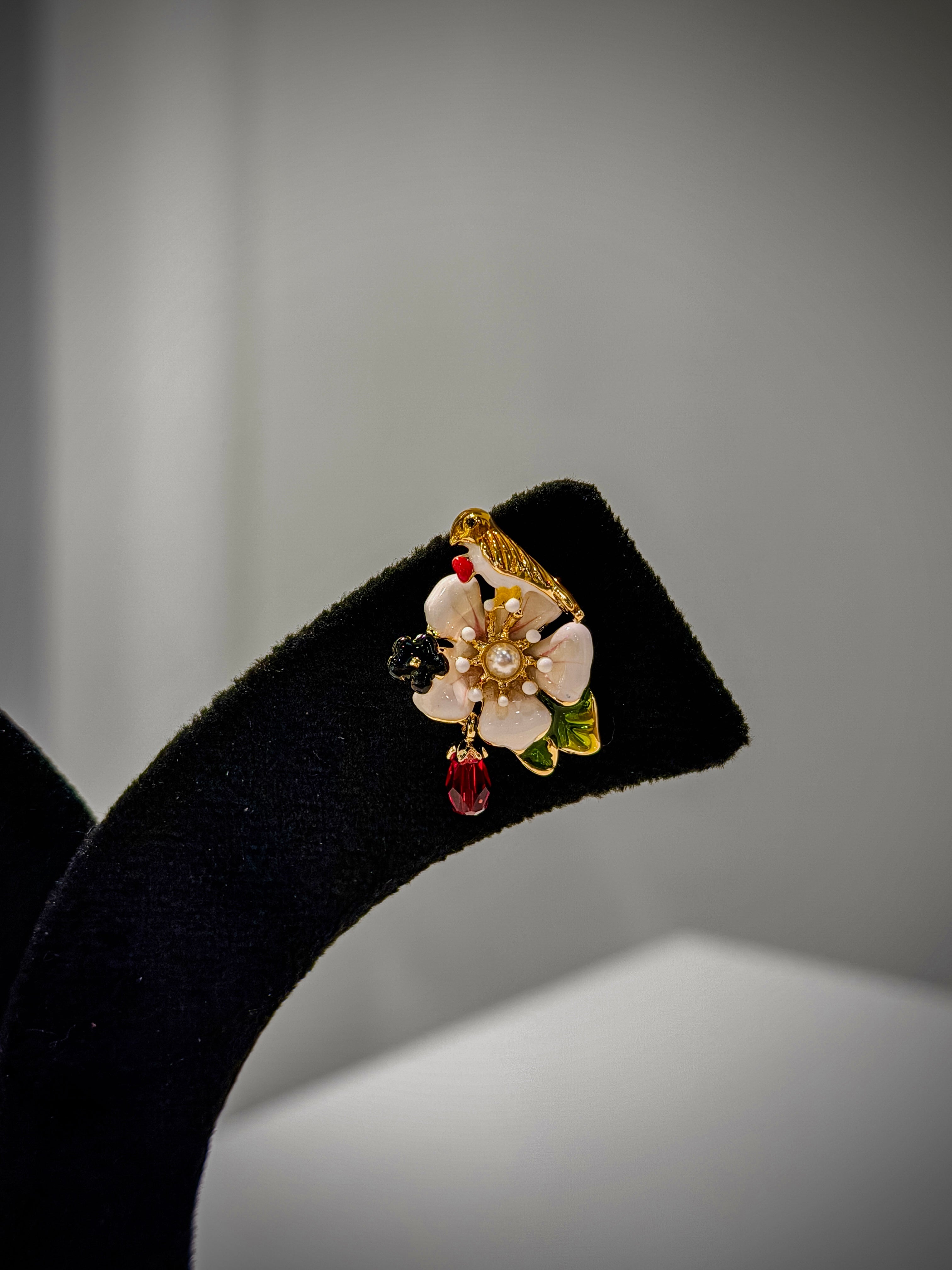 Gold Blossom Bird Charm Stud Earrings Set