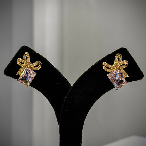 Gold Bow CZ Crystal Stud Earrings Set