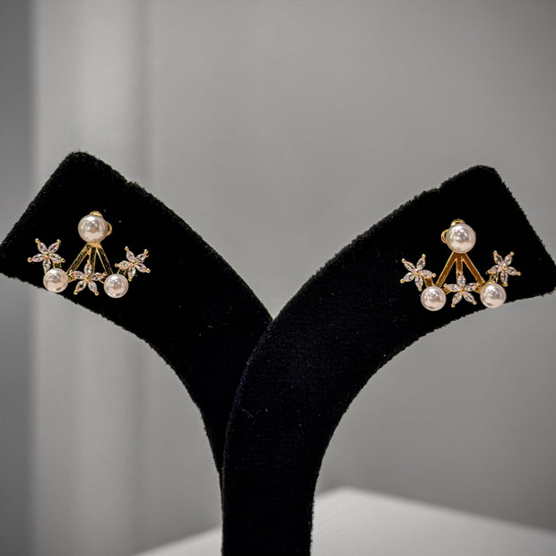Gold Pearl Crystal Stud Earrings Set