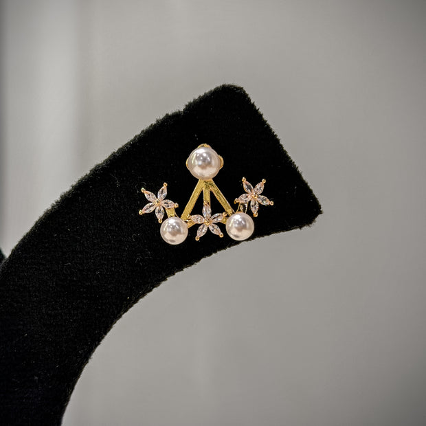 Gold Pearl Crystal Stud Earrings Set