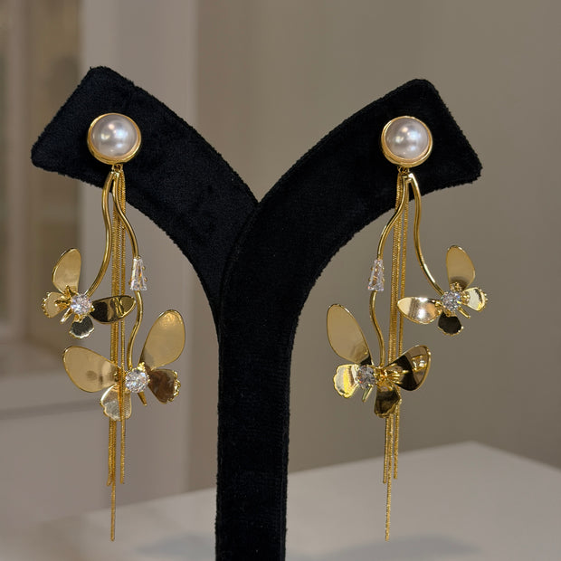 Gold Pearl Butterfly Dangle Earrings Set