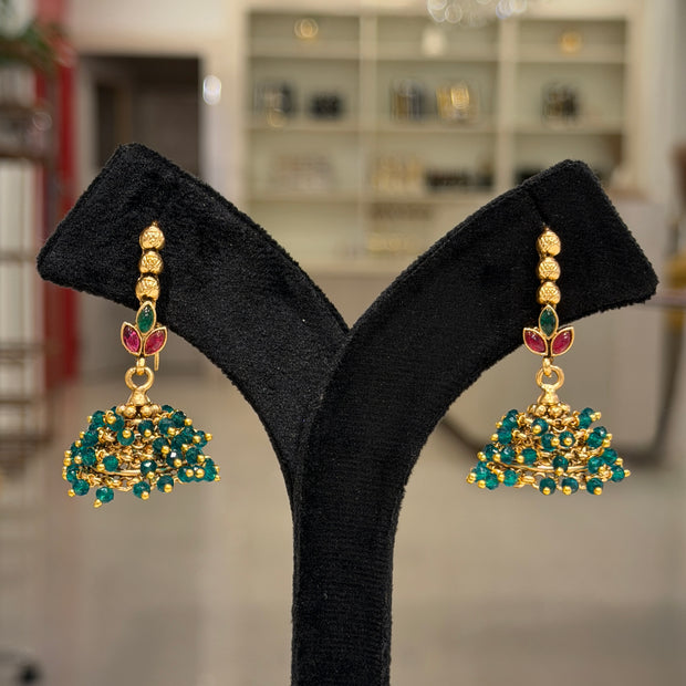 Emerald Bead Jhumka Cluster Earrings set