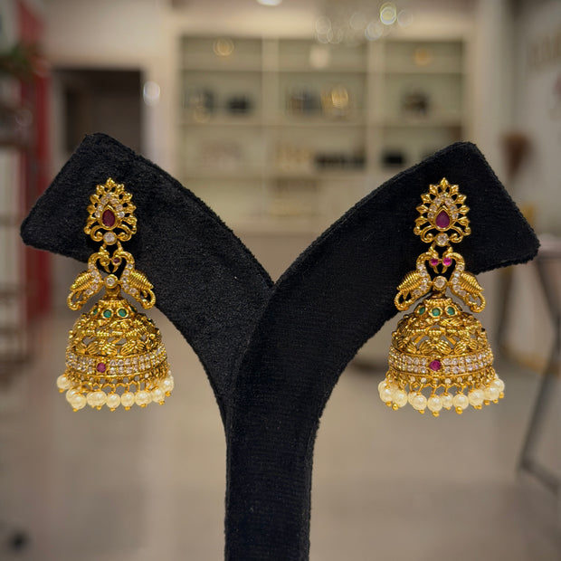 Bird Motif Jhumka Pearl Earrings