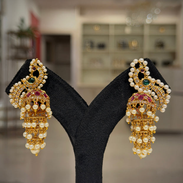 Peacock Pearl Cluster Jhumka Earrings