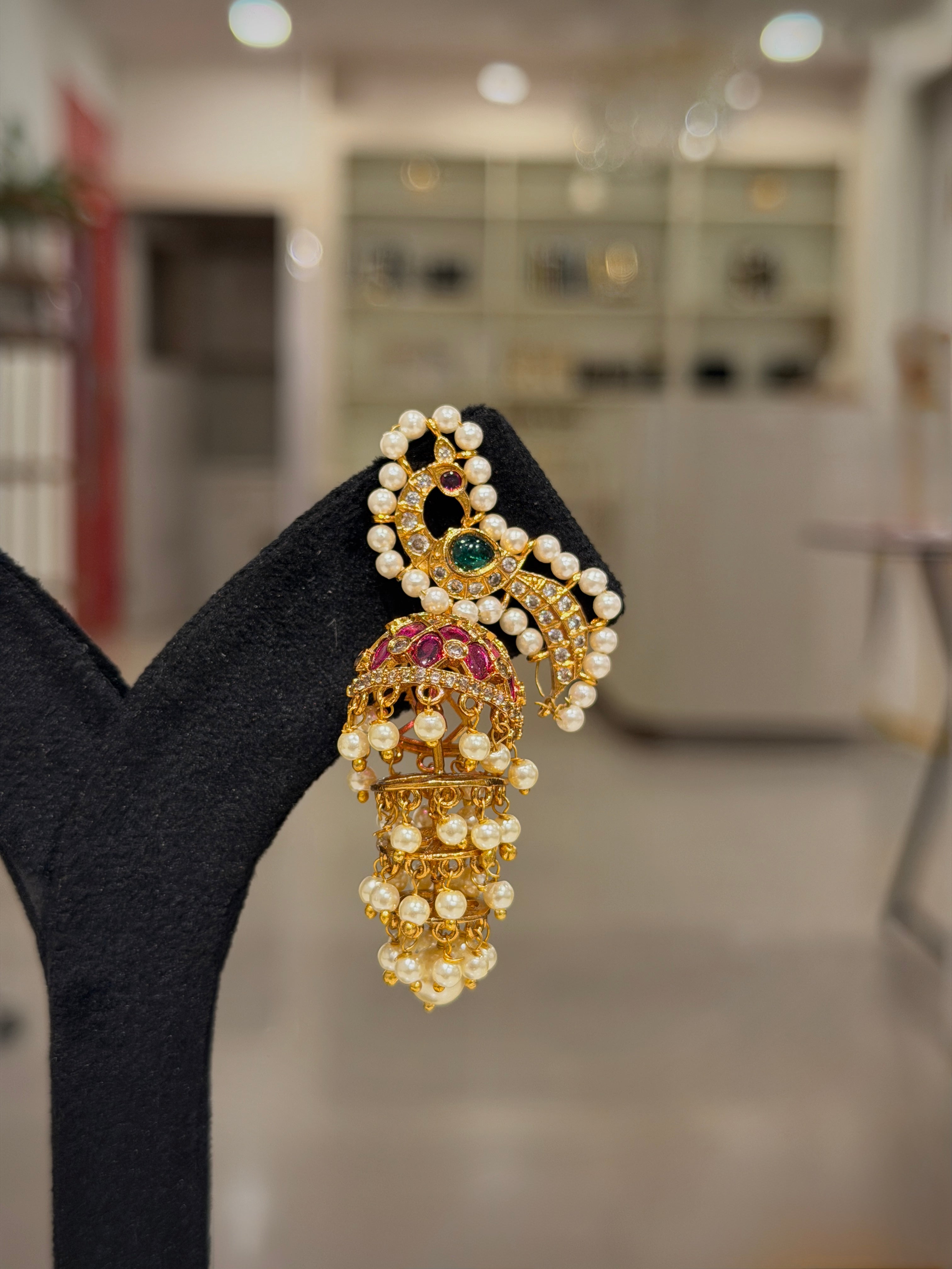 Peacock Pearl Cluster Jhumka Earrings