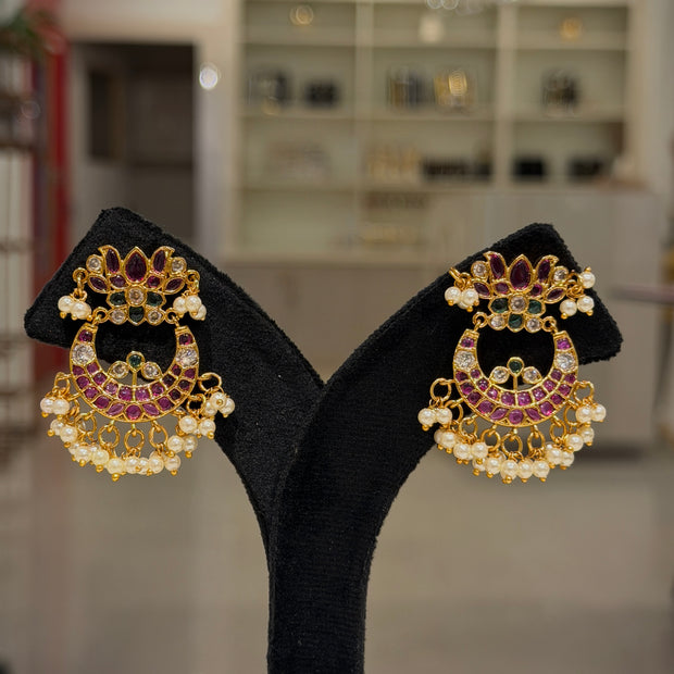 Elegant Lotus Kemp Stone Chandbali Earrings