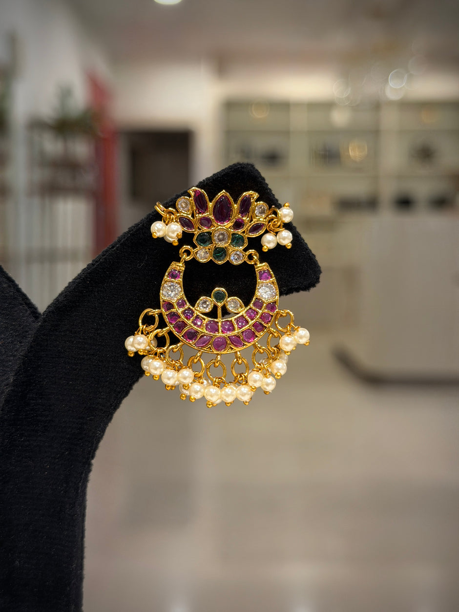 Elegant Lotus Kemp Stone Chandbali Earrings