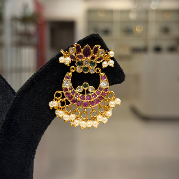Elegant Lotus Kemp Stone Chandbali Earrings