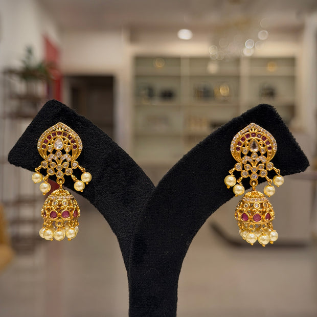 Ruby Kundan Pearl Jhumka Earrings