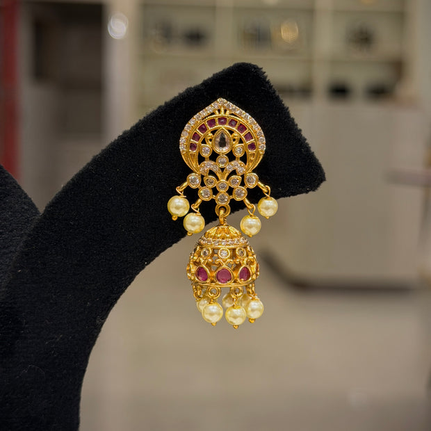 Ruby Kundan Pearl Jhumka Earrings