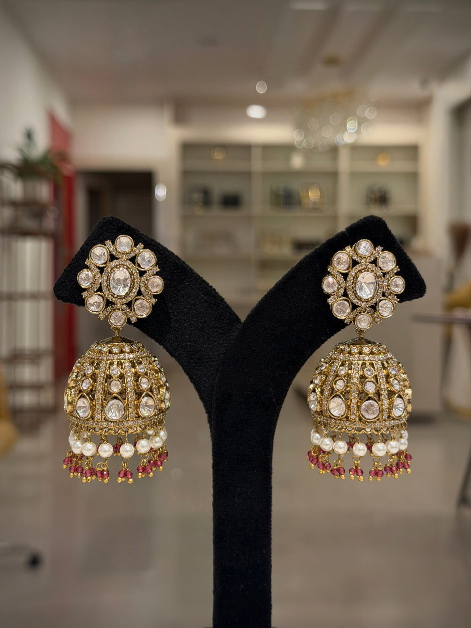 Floral Kundan Pearl Jhumka Earrings