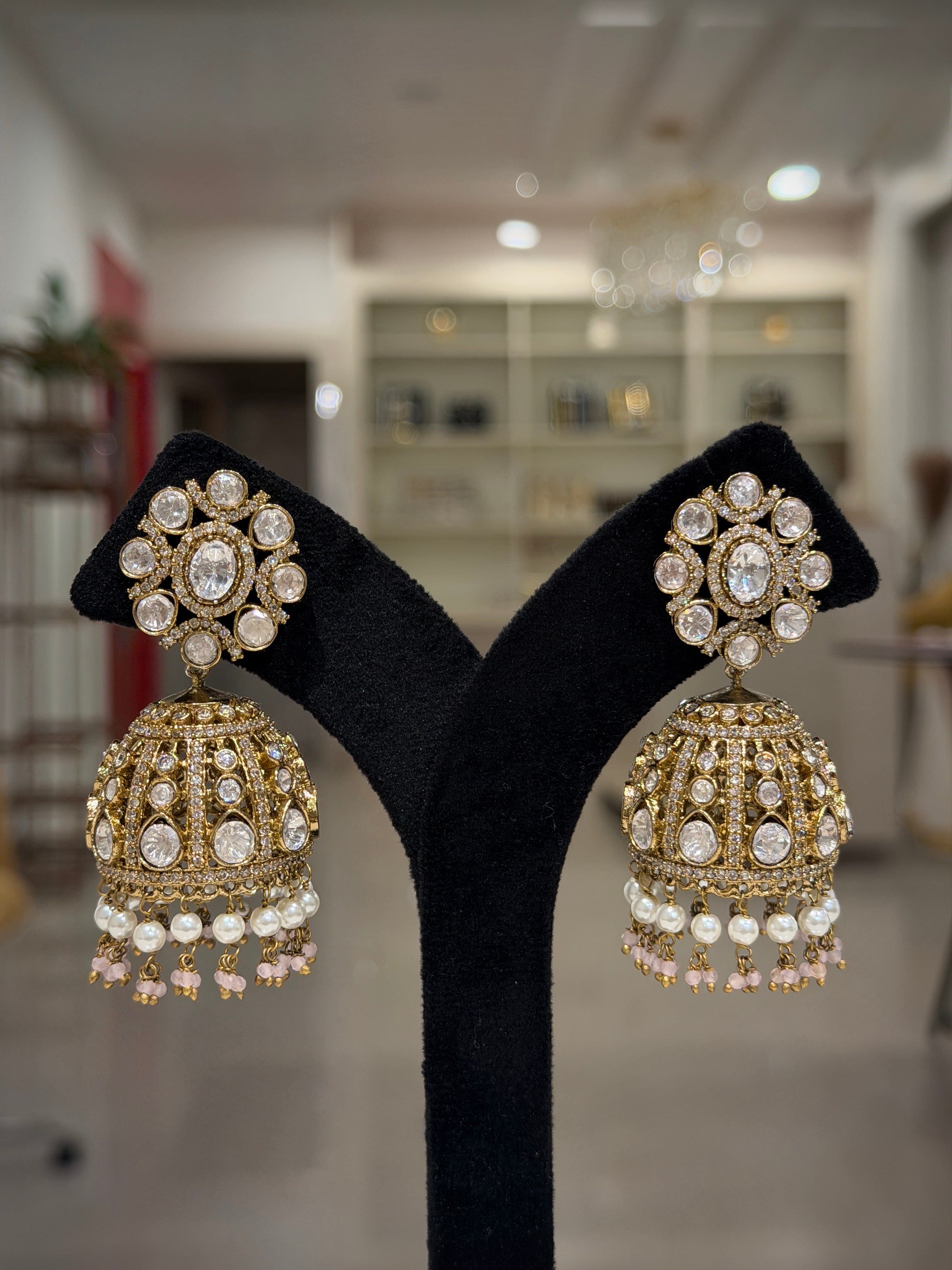 Floral Kundan Pearl Jhumka Earrings