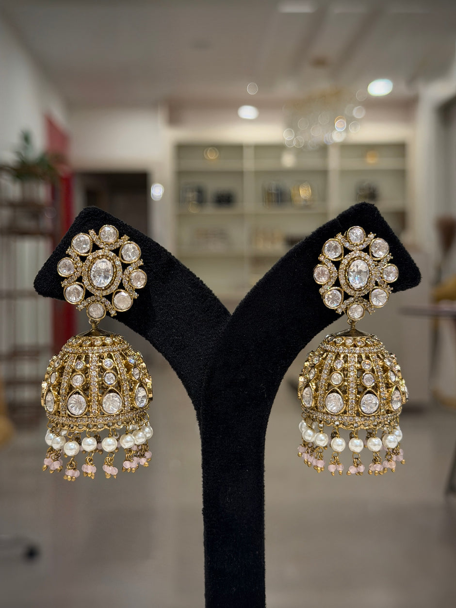 Floral Kundan Pearl Jhumka Earrings