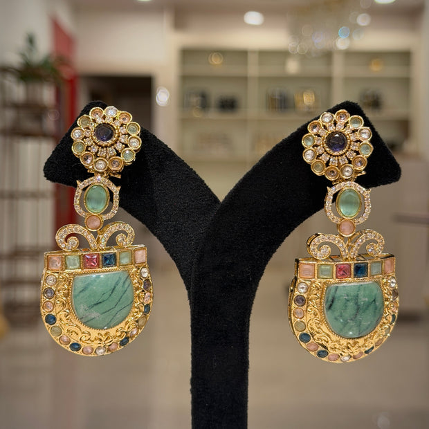 Multistone Kundan Heritage Pendant Earrings Set
