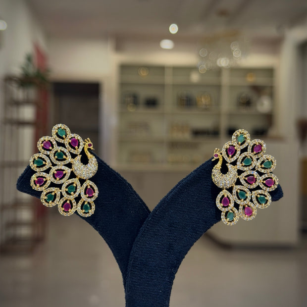Peacock Multistone Feather Stud Earrings