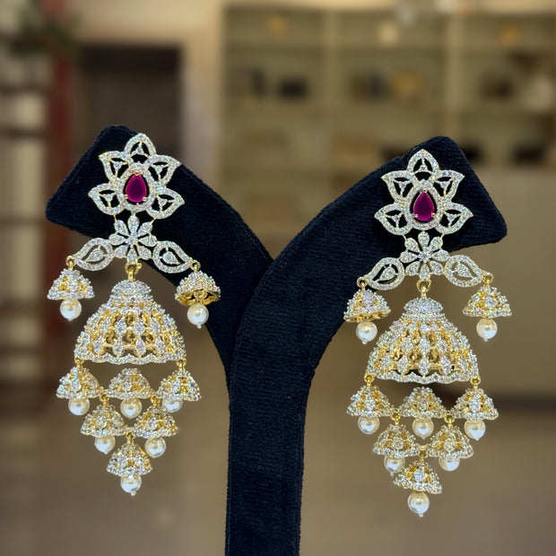 Ruby Floral Crystal Multi‑Tier Jhumka Earrings