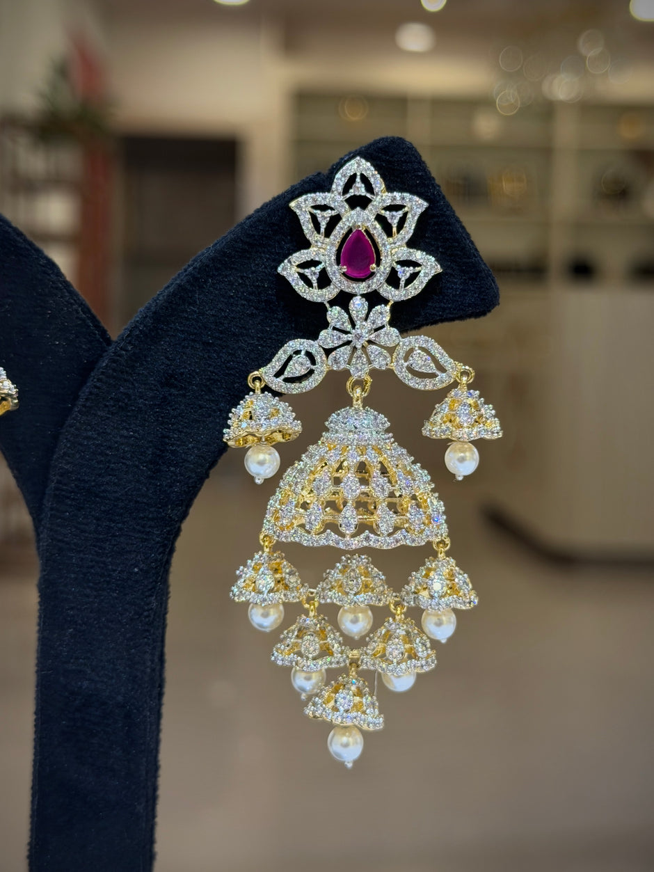 Ruby Floral Crystal Multi‑Tier Jhumka Earrings